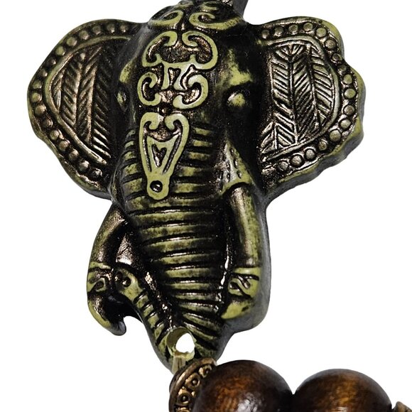 African Inspired Elephant Pendant Bracelet Wooden Metal Beads Statement Jewelry - Picture 2 of 5